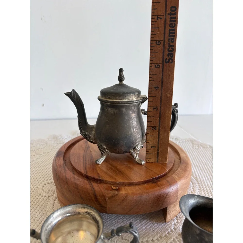 Vintage Miniature Silver Plated Tea Set Teapot Sugar Creamer 3pc Footed Ornate